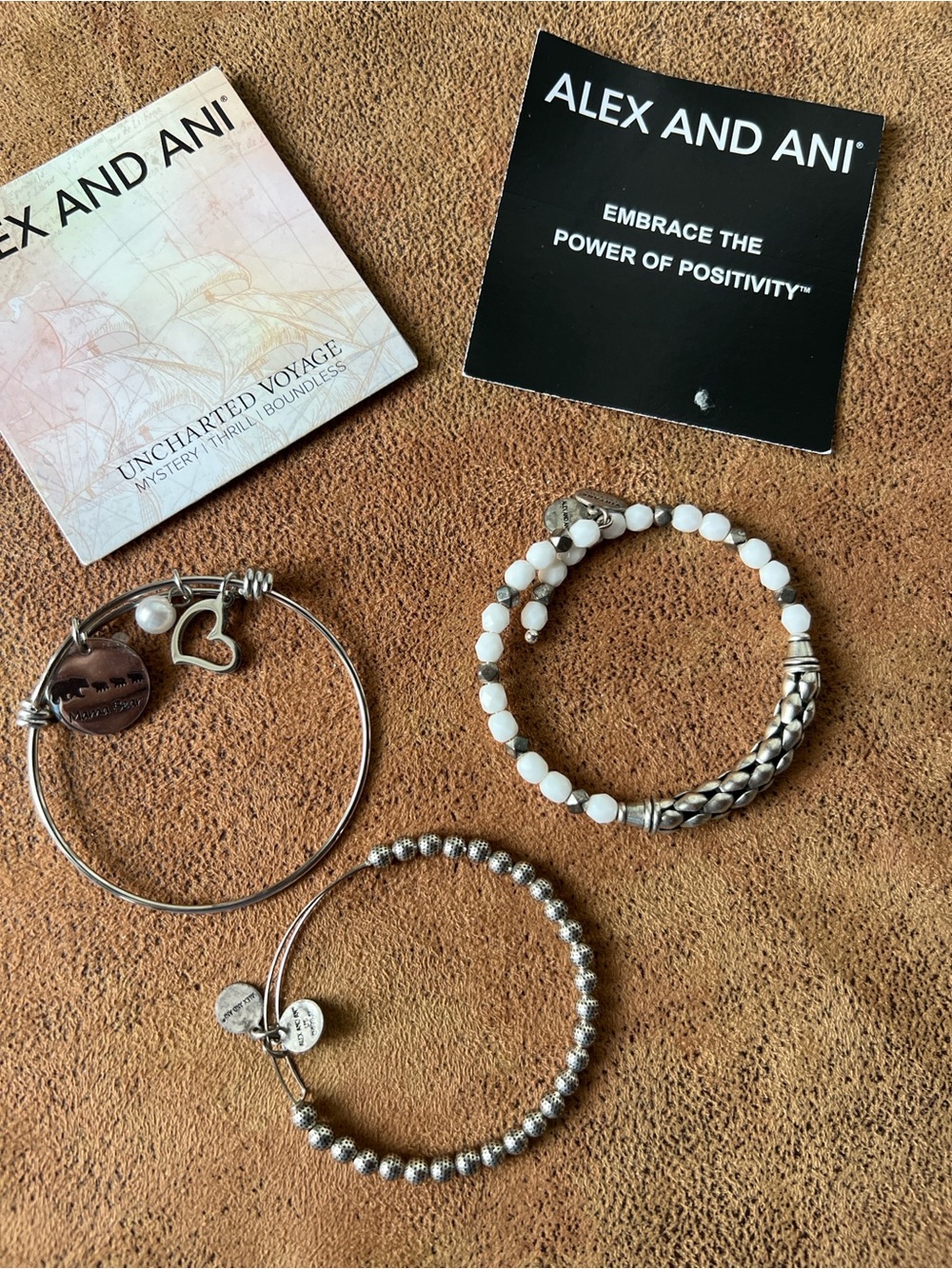Set 3 Alex and Ani Silver and White Bracelet Stack - Beaded, Charm & Bangle Trio